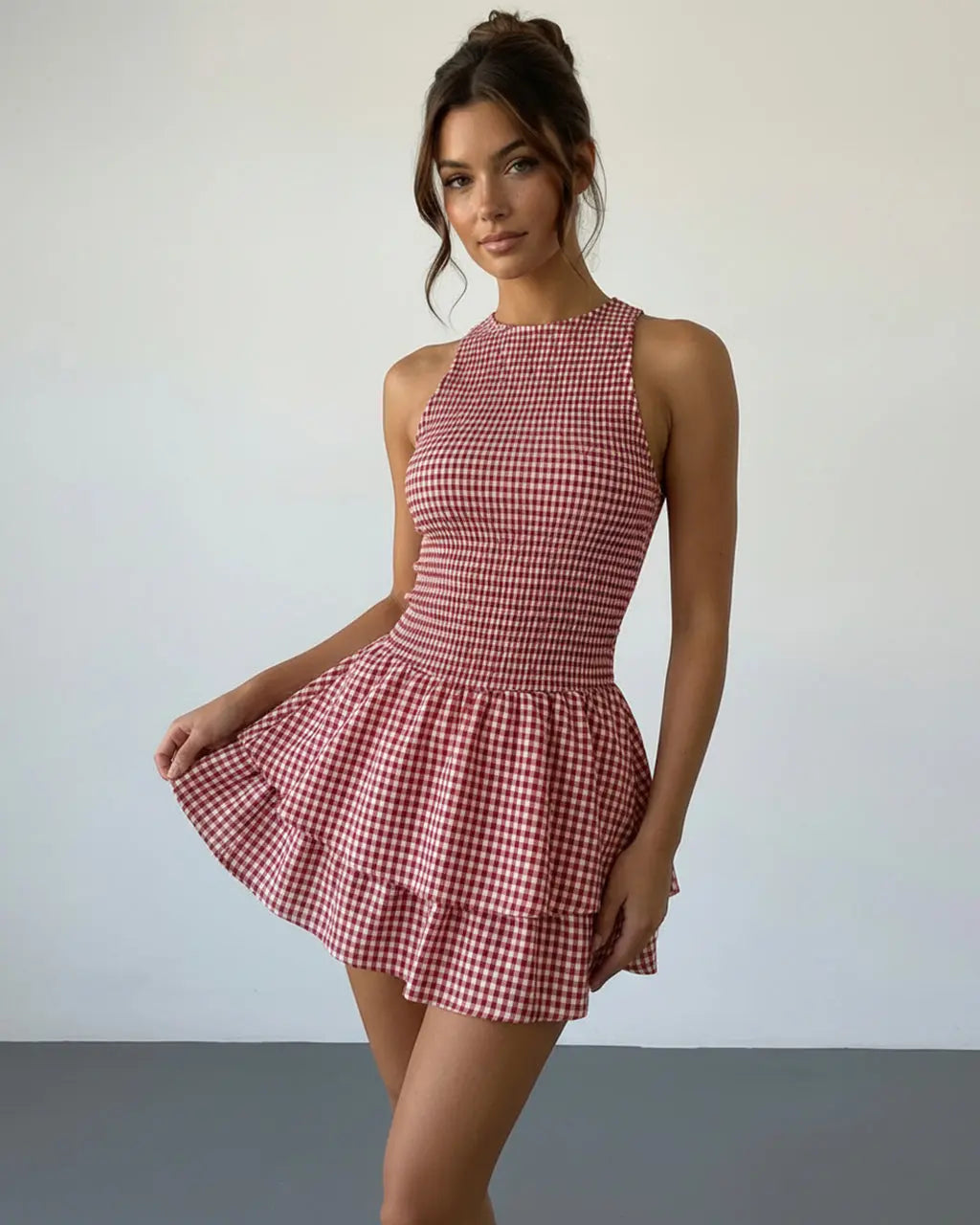 Red Smocked Gingham Tiered Ruffle Slim Fit Mini Dress SOLACE