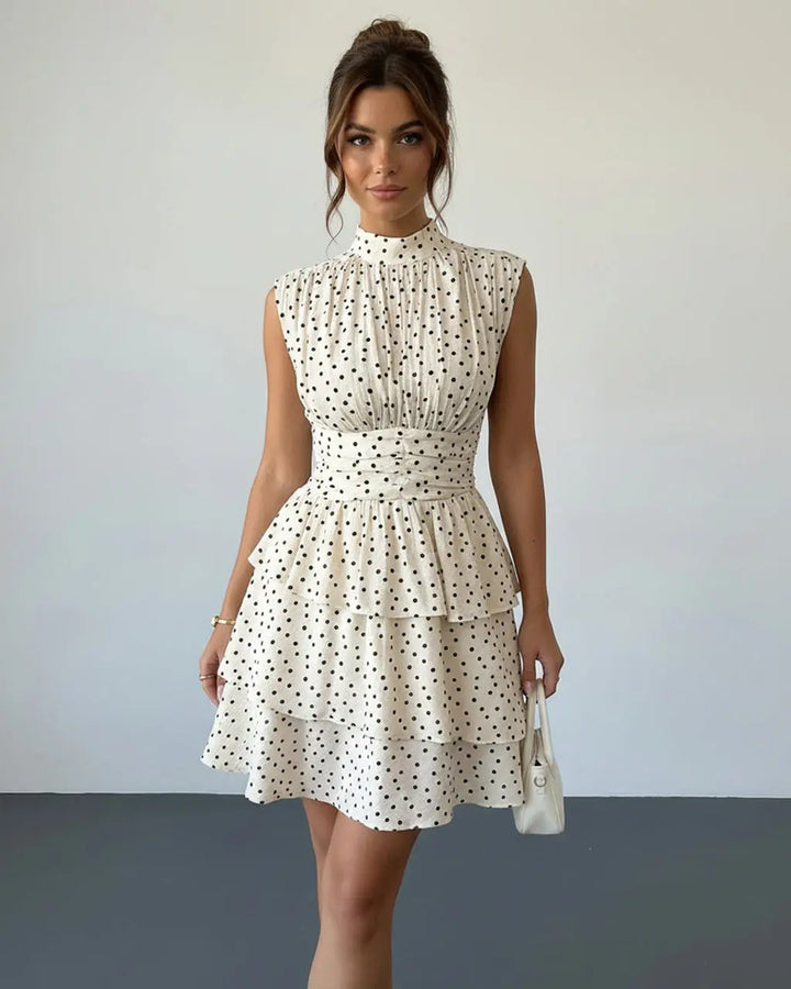 White Black Polka Dots Tiered Floral Print Slim Fit Mini Dress SOLACE