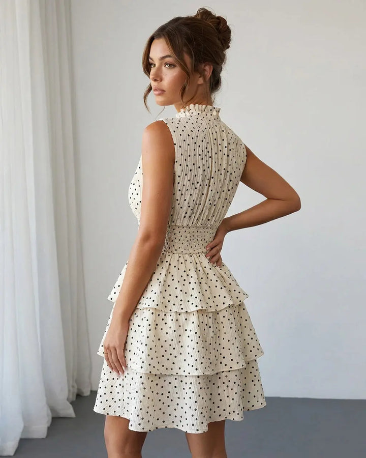 White Black Polka Dots Tiered Floral Print Slim Fit Mini Dress SOLACE