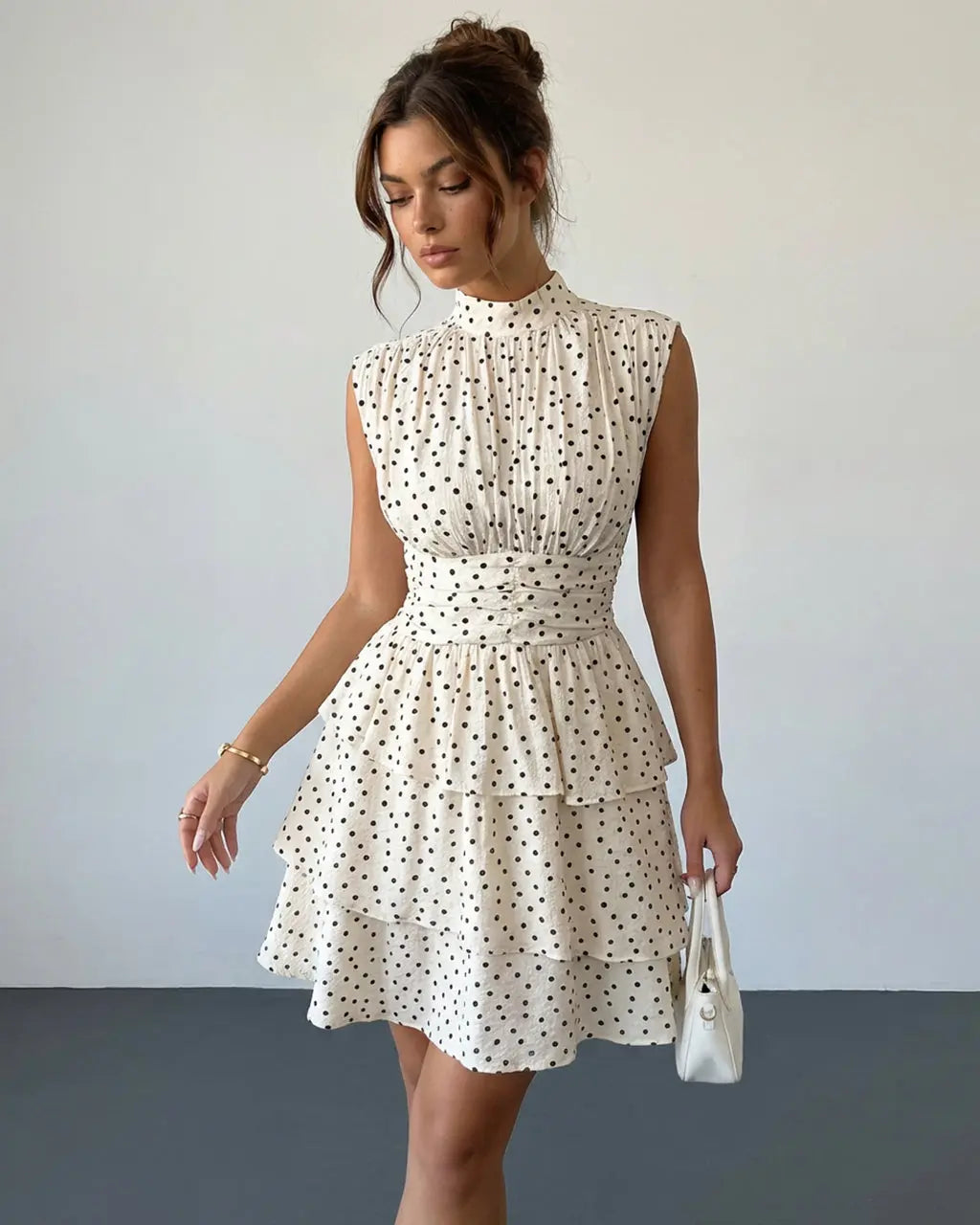 White Black Polka Dots Tiered Floral Print Slim Fit Mini Dress SOLACE