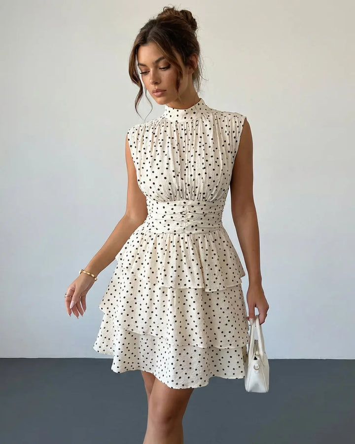 White Black Polka Dots Tiered Floral Print Slim Fit Mini Dress SOLACE