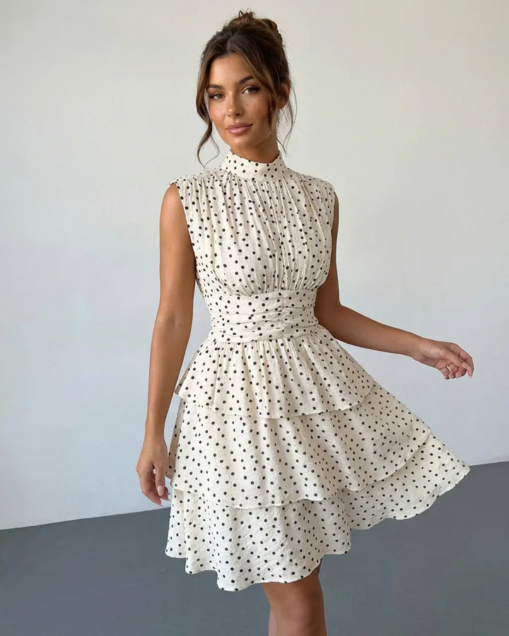 White Black Polka Dots Tiered Floral Print Slim Fit Mini Dress SOLACE