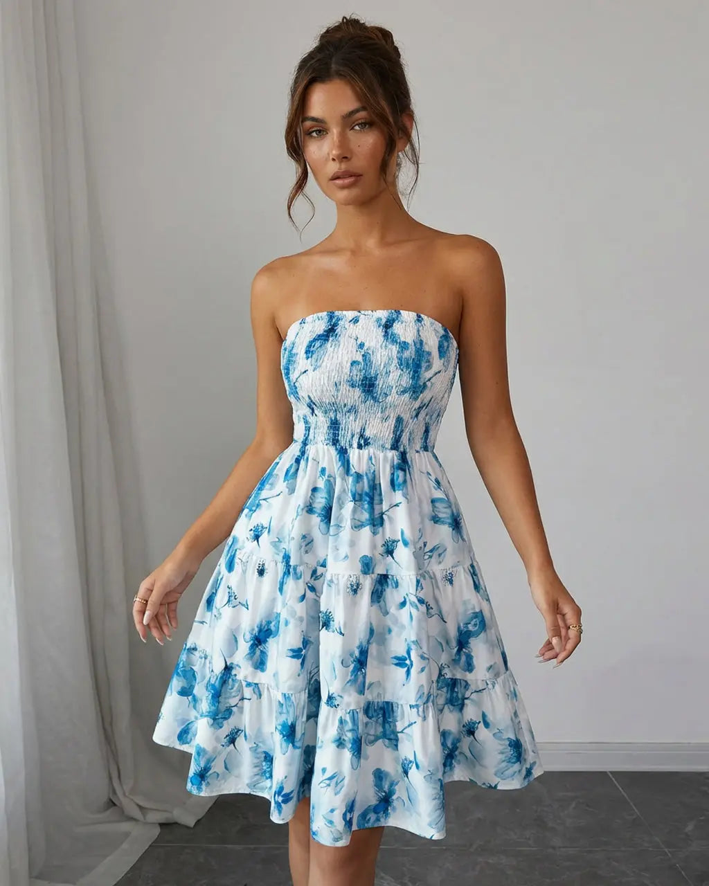 Blue Floral Print Strapless Smocked Tiered Mini Dress SOLACE