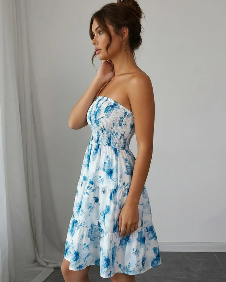 Blue Floral Print Strapless Smocked Tiered Mini Dress SOLACE