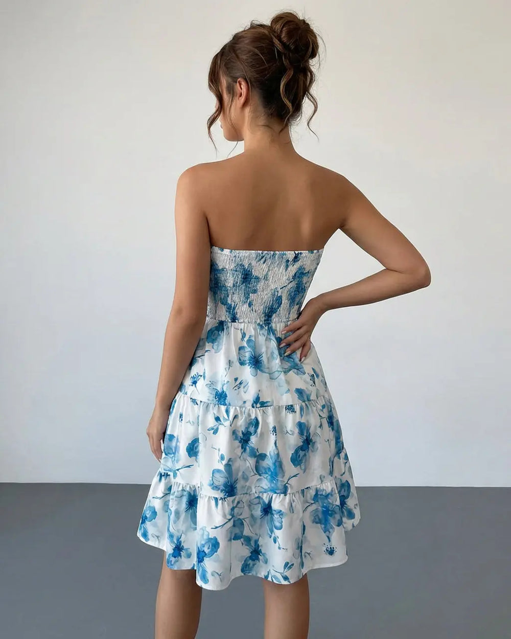 Blue Floral Print Strapless Smocked Tiered Mini Dress SOLACE