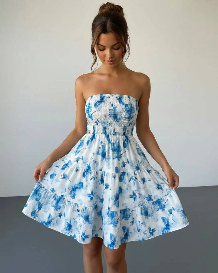 Blue Floral Print Strapless Smocked Tiered Mini Dress SOLACE
