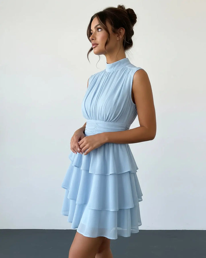 Light Blue Tiered Chiffon Mock Neck Slim Fit Mini Dress SOLACE