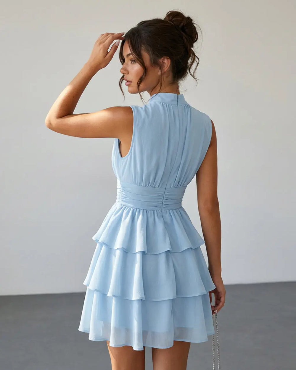 Light Blue Tiered Chiffon Mock Neck Slim Fit Mini Dress SOLACE