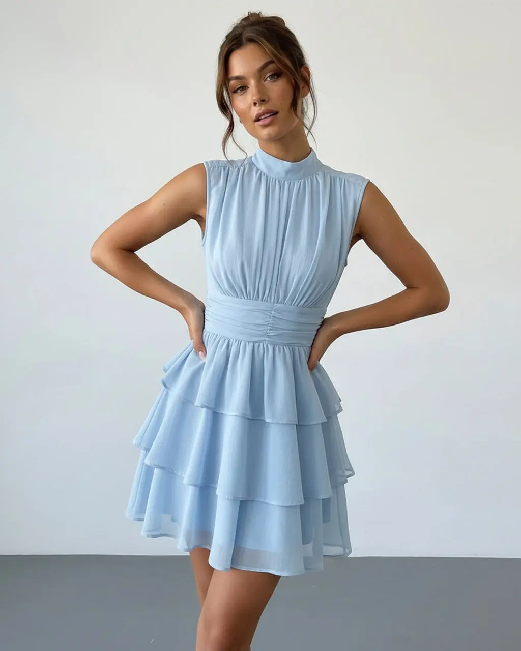 Light Blue Tiered Chiffon Mock Neck Slim Fit Mini Dress SOLACE