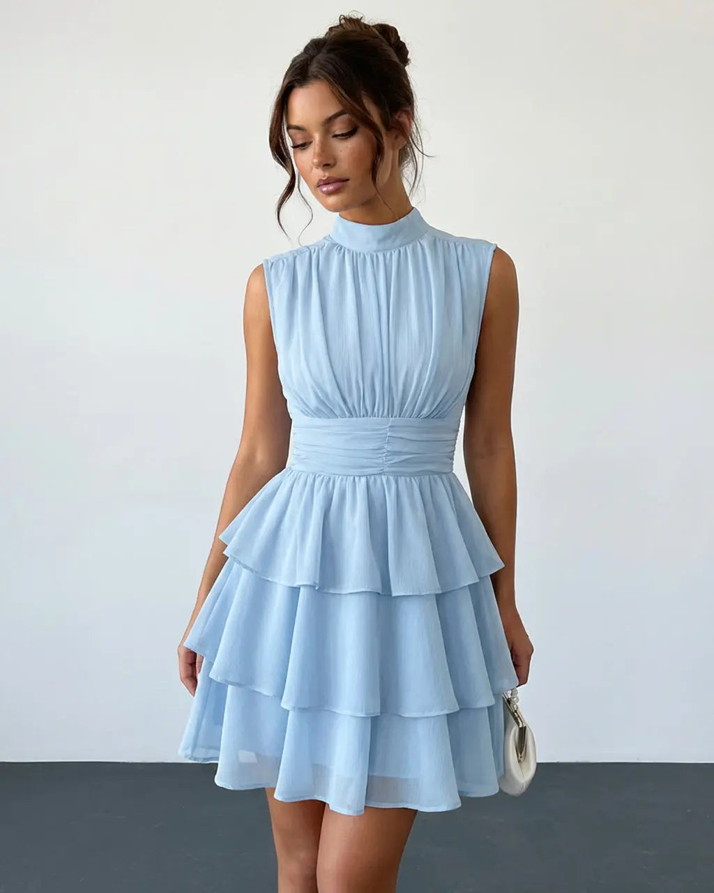 Light Blue Tiered Chiffon Mock Neck Slim Fit Mini Dress SOLACE