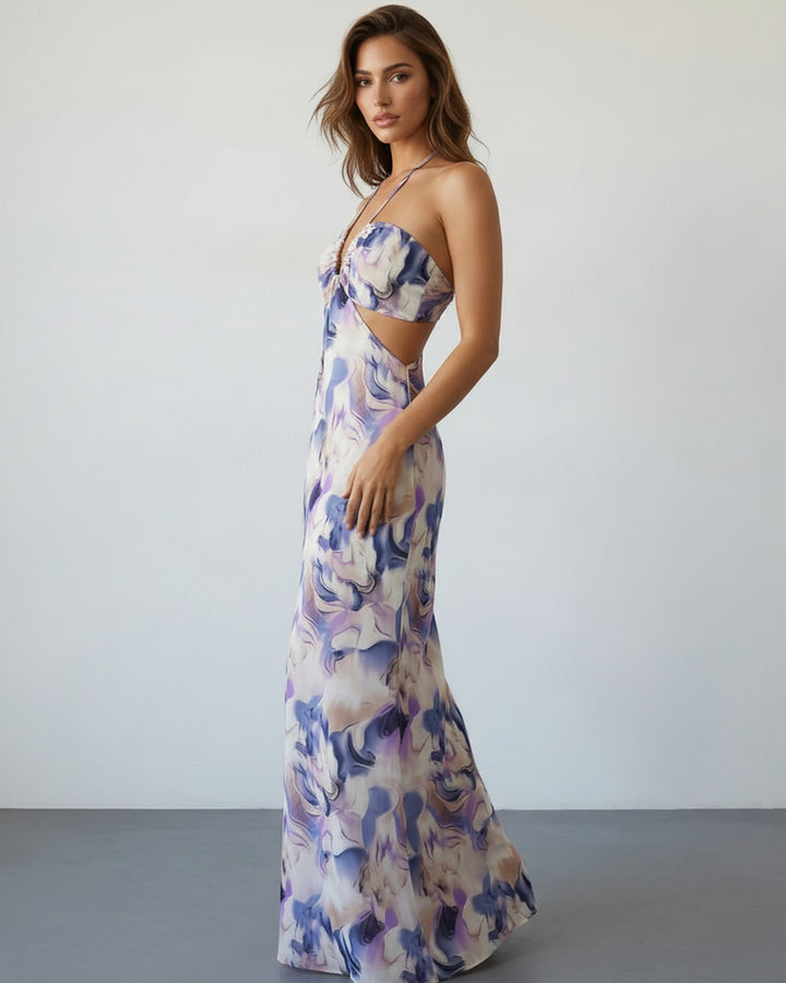 Purple Marble Print Halter Cutout Floral Spring Maxi Dress