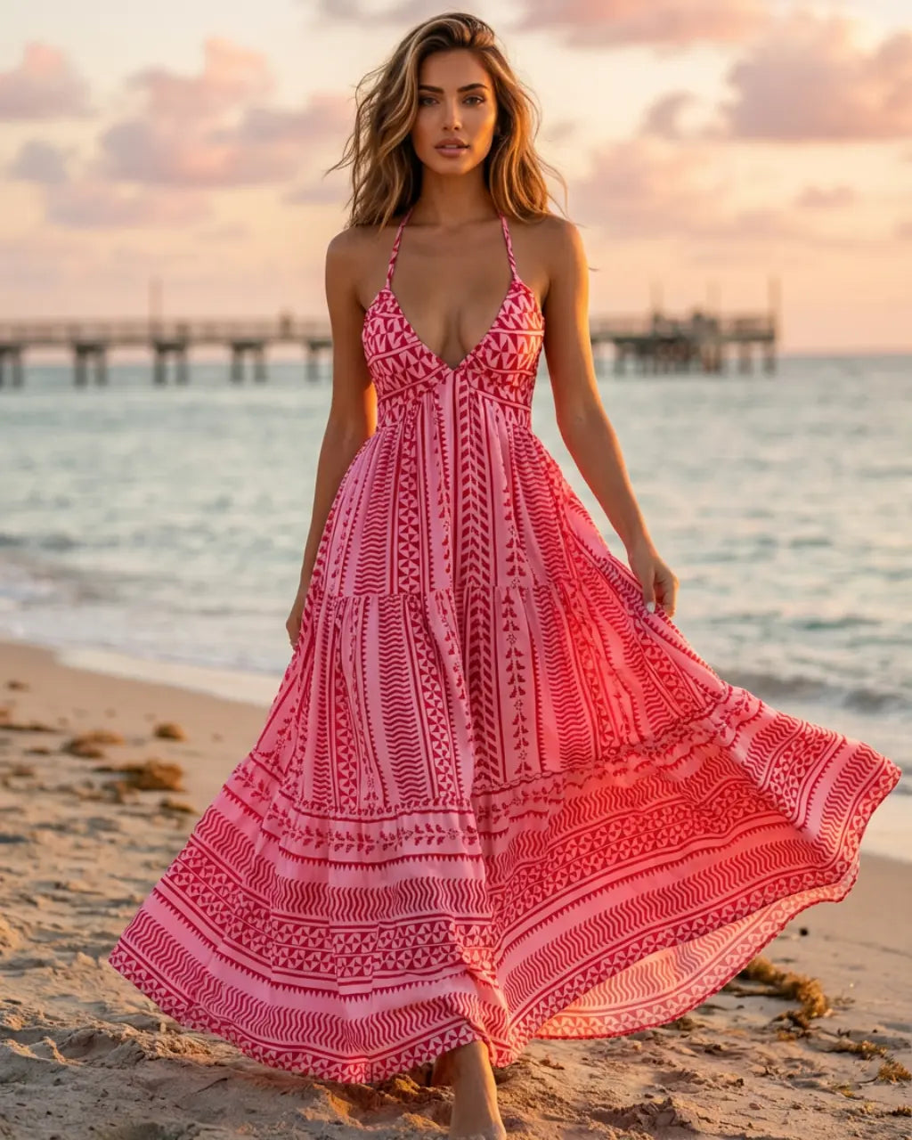 Pink Bohemian Beach Printed Lightweight Flowy Maxi Dress SOLACE