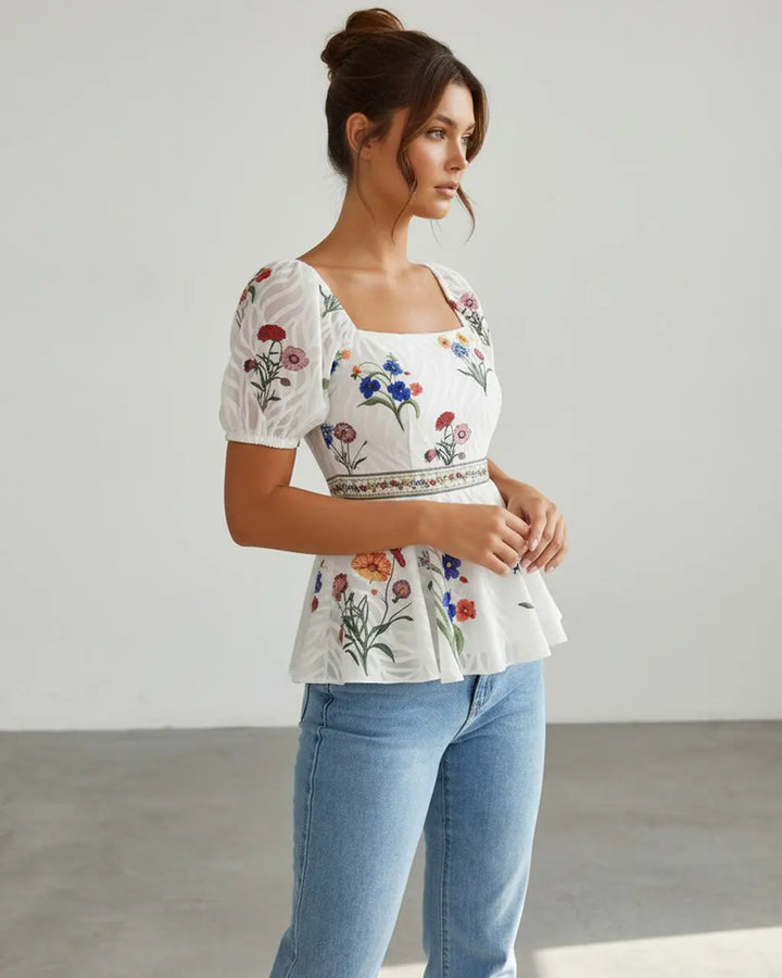 SOLACE  White Floral Embroidered Square Neck Peplum Slim Fit Short Top 