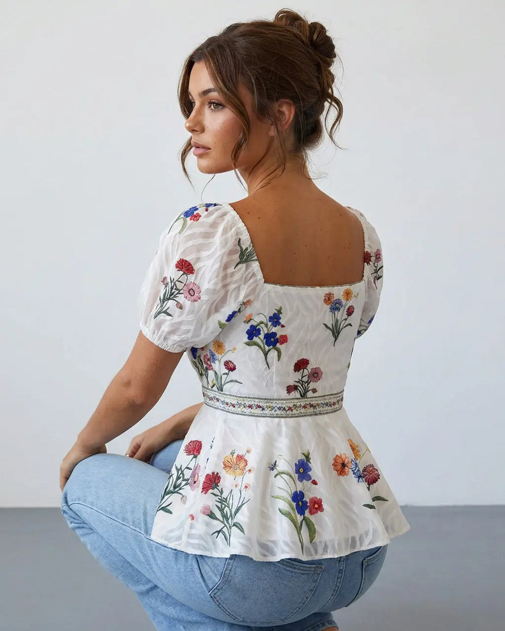 SOLACE  White Floral Embroidered Square Neck Peplum Slim Fit Short Top 