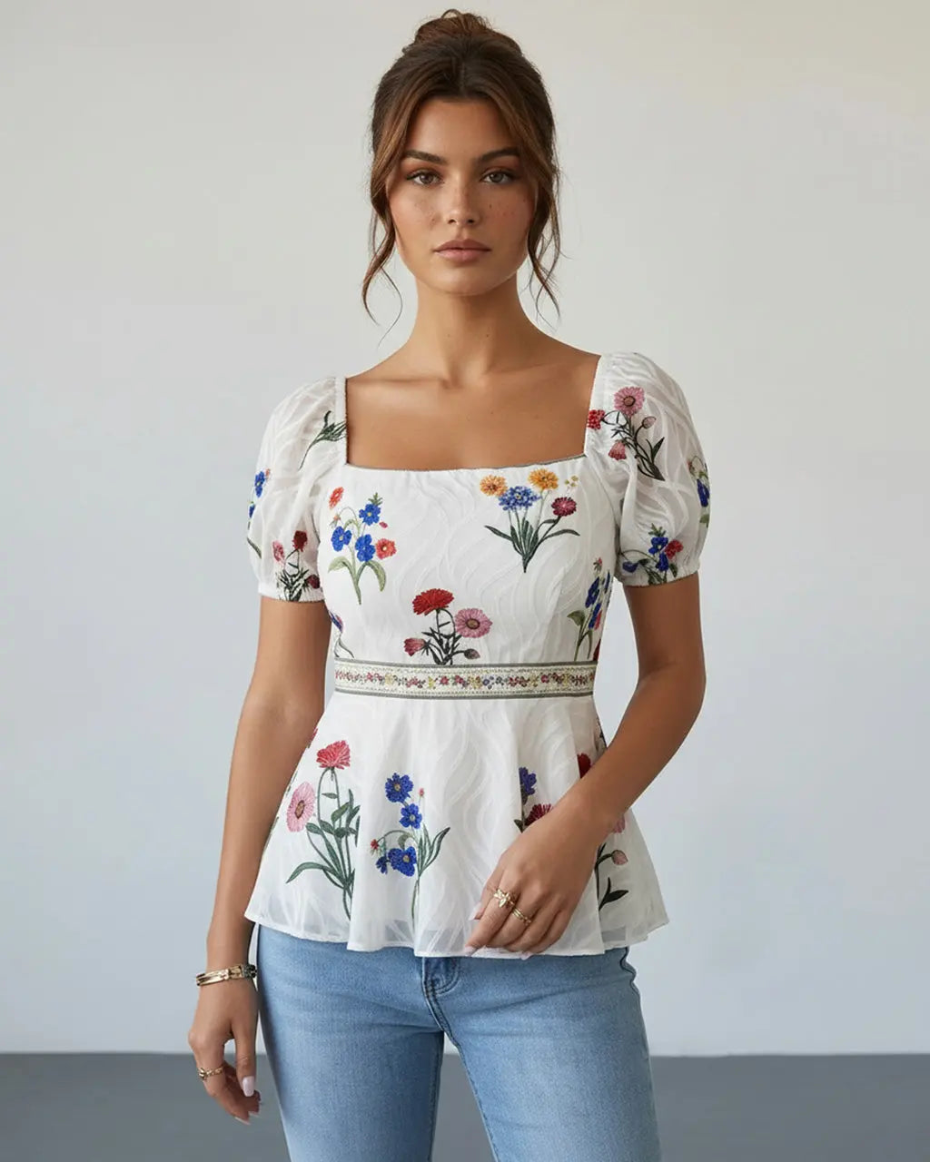 SOLACE  White Floral Embroidered Square Neck Peplum Slim Fit Short Top 