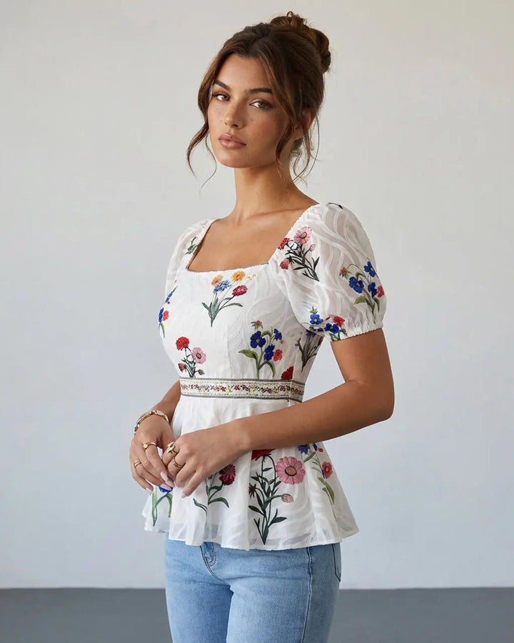 SOLACE  White Floral Embroidered Square Neck Peplum Slim Fit Short Top 