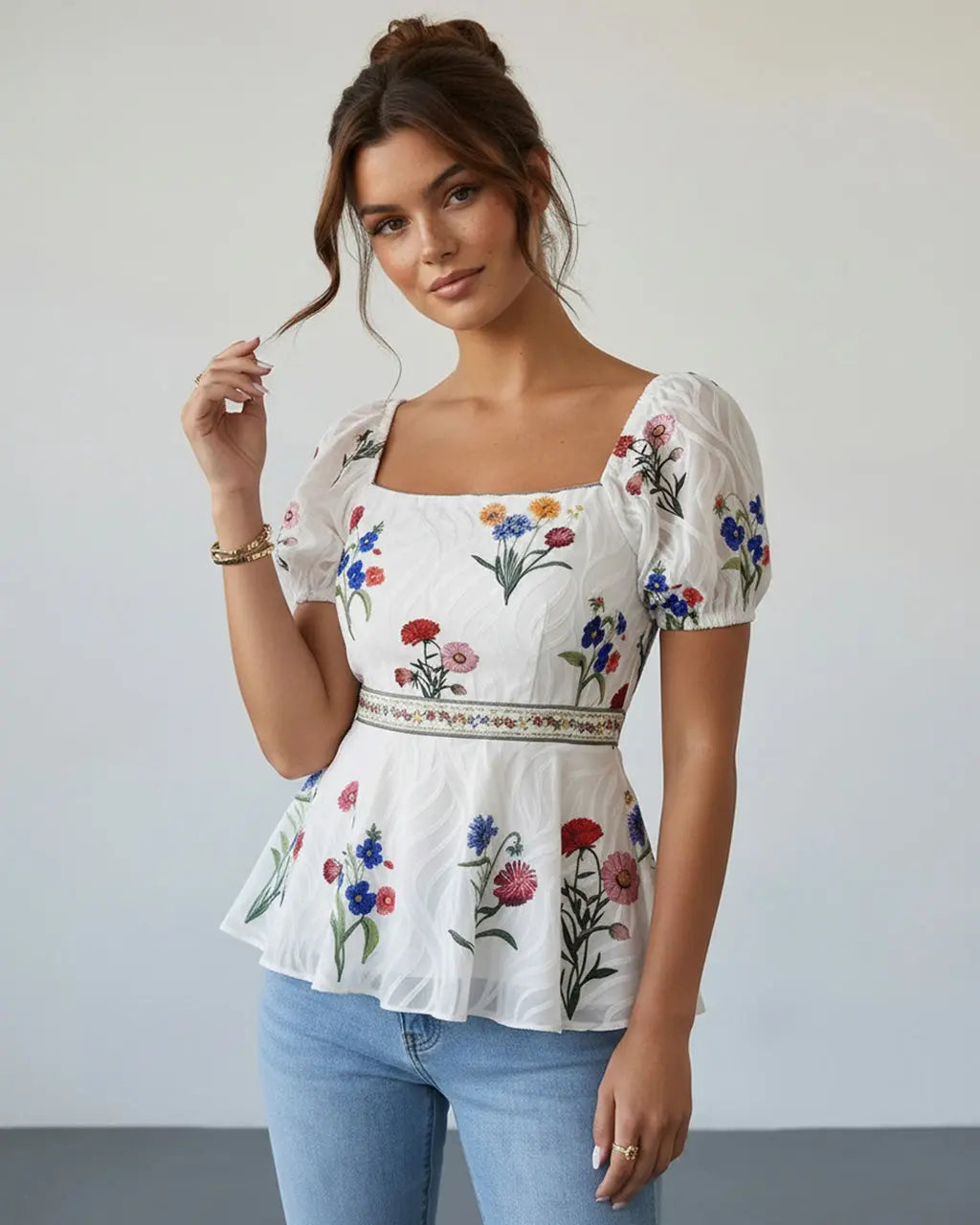 SOLACE  White Floral Embroidered Square Neck Peplum Slim Fit Short Top 