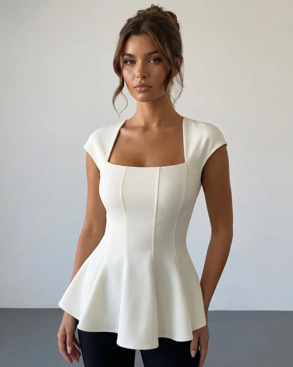 Ivory Square Neck Cap Sleeve Seamed Peplum Elegant Top SOLACE