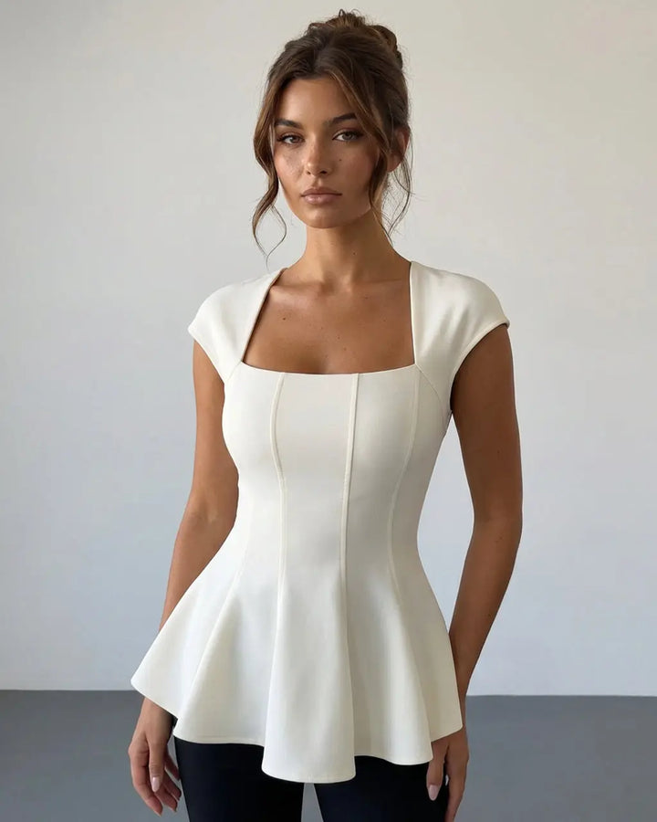 Ivory Square Neck Cap Sleeve Seamed Peplum Elegant Top SOLACE
