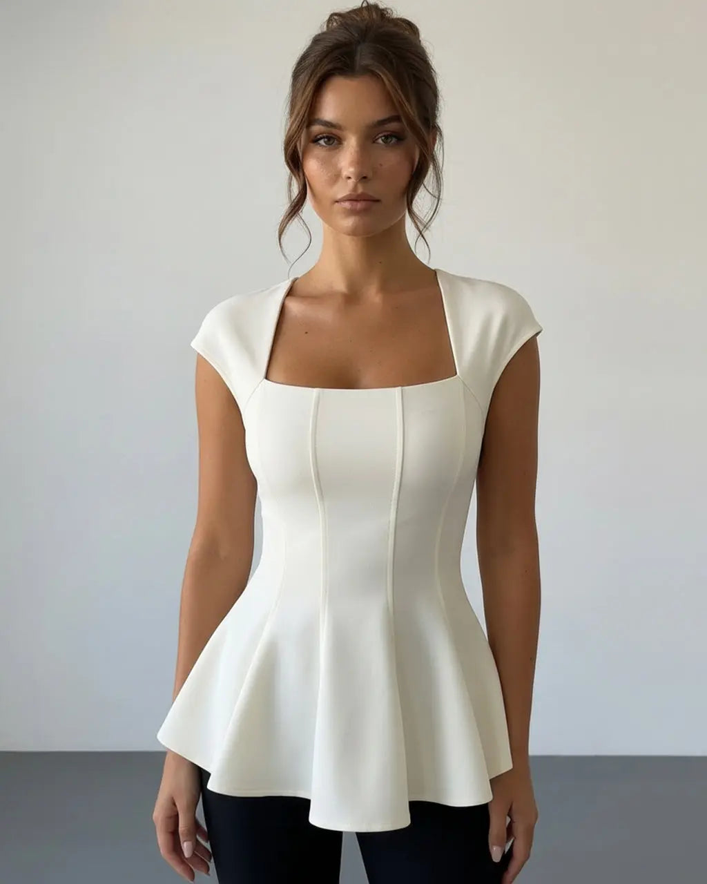 Ivory Square Neck Cap Sleeve Seamed Peplum Elegant Top SOLACE
