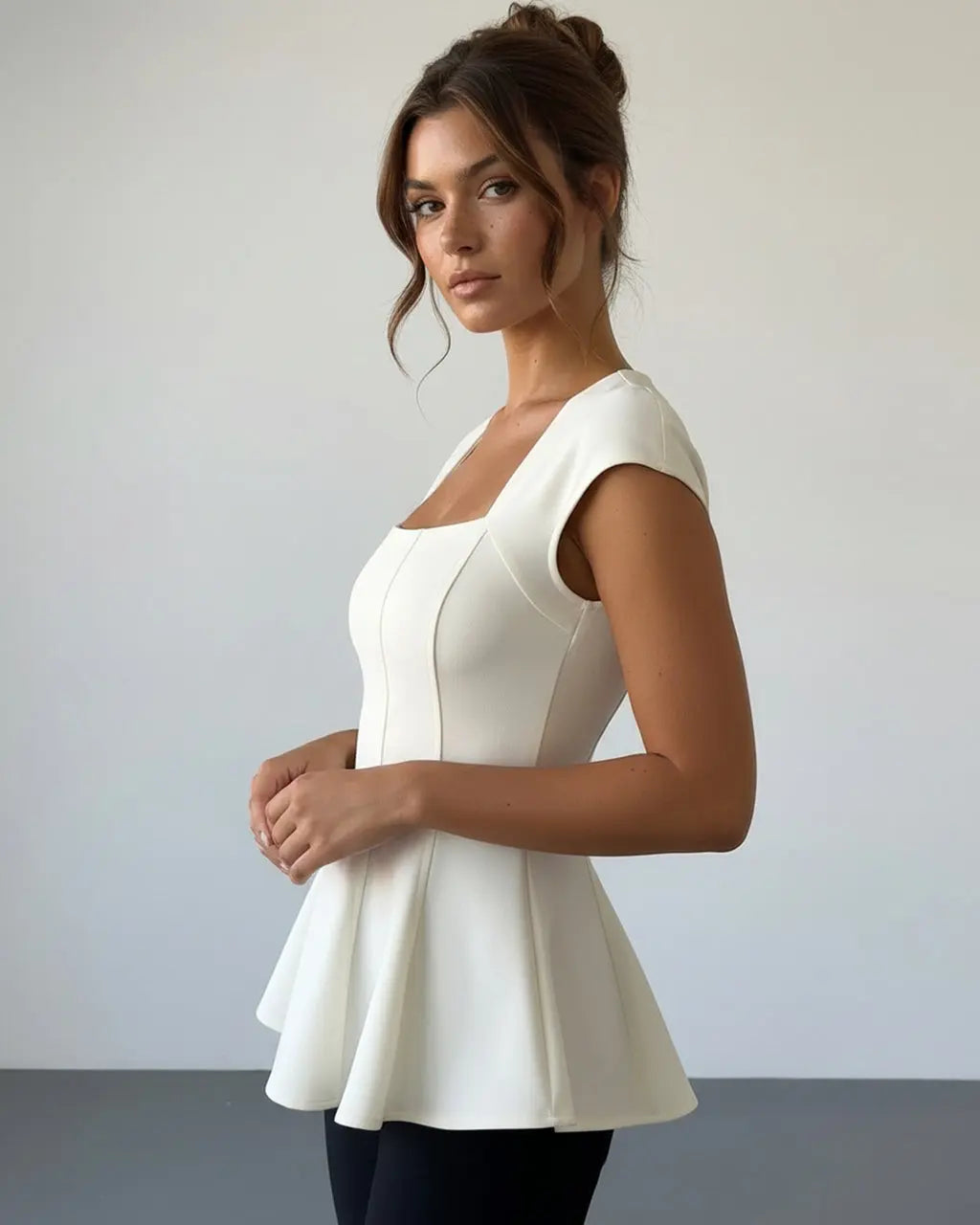 Ivory Square Neck Cap Sleeve Seamed Peplum Elegant Top SOLACE