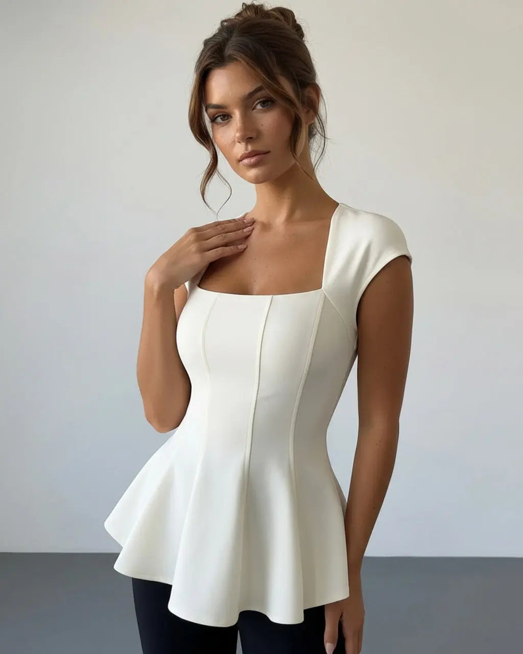 Ivory Square Neck Cap Sleeve Seamed Peplum Elegant Top SOLACE
