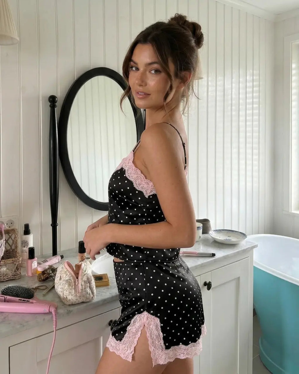 Black Polka Dot Pink Lace Trim Satin Cami Mini Skirt Set SOLACE