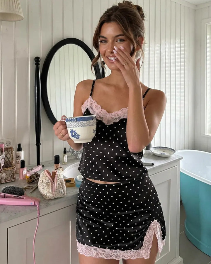 Black Polka Dot Pink Lace Trim Satin Cami Mini Skirt Set SOLACE