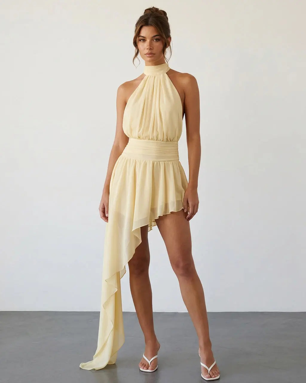 Beige Romantic Halter Neck Chiffon Asymmetrical Vacation Mini Dress SOLACE