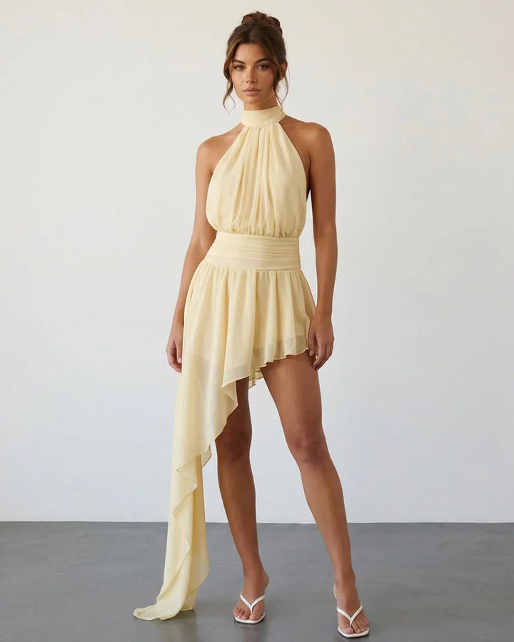 Beige Romantic Halter Neck Chiffon Asymmetrical Vacation Mini Dress SOLACE
