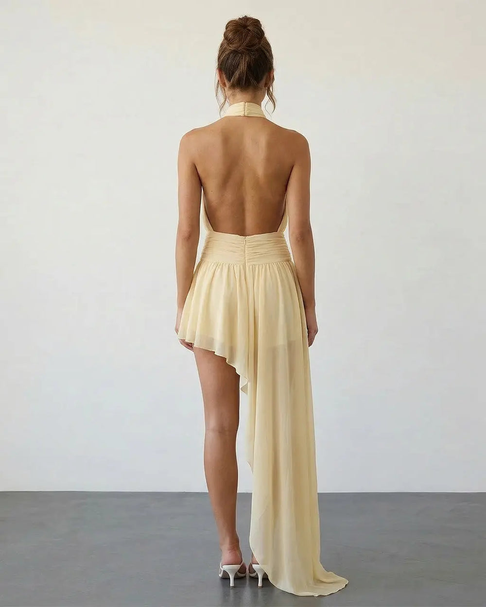 Beige Romantic Halter Neck Chiffon Asymmetrical Vacation Mini Dress SOLACE