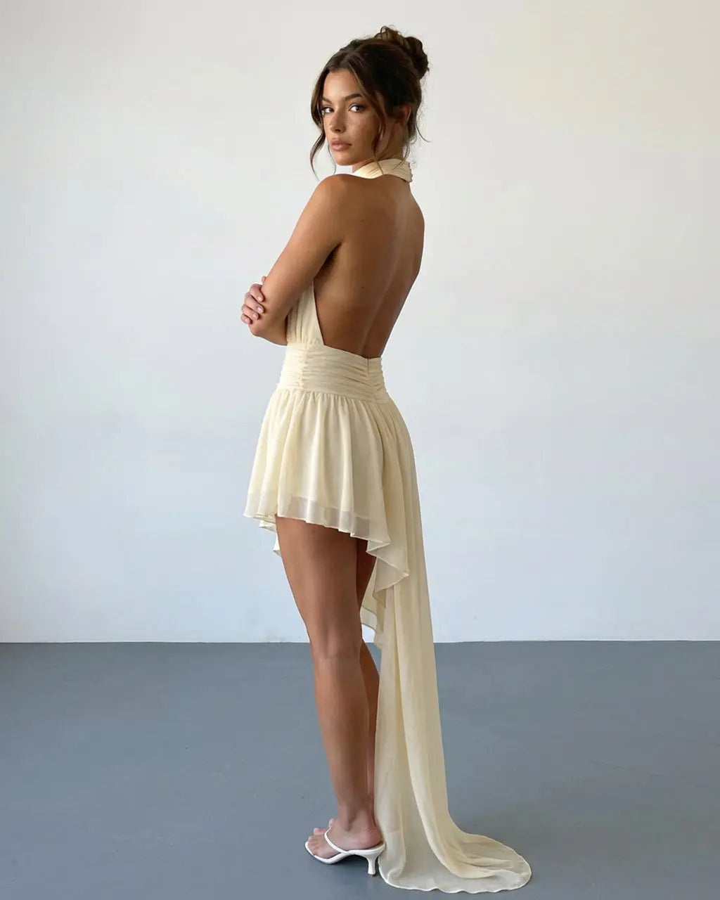 Beige Romantic Halter Neck Chiffon Asymmetrical Vacation Mini Dress SOLACE