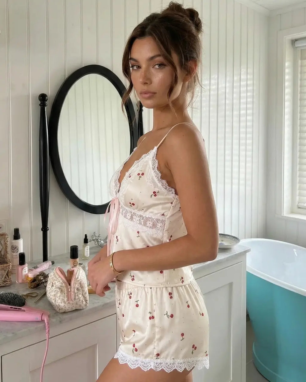 Cherry Print Lace Trim Satin Spaghetti Strap Cami And Shorts Set SOLACE