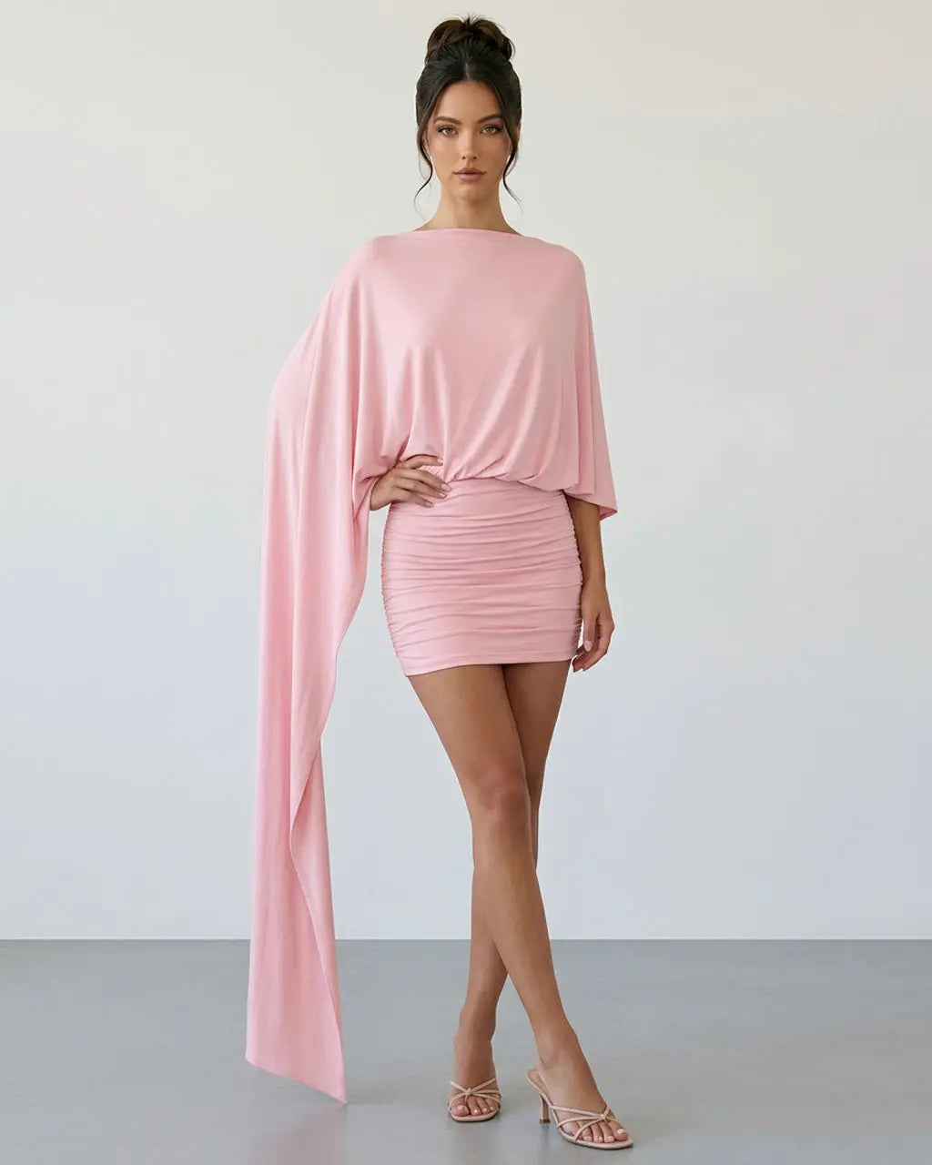 Pink Dramatic Cape Sleeve Ruched Jersey Mini Party Dress SOLACE
