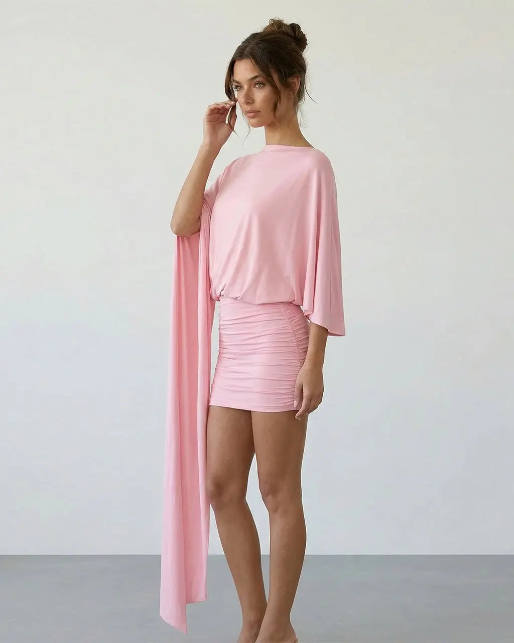 Pink Dramatic Cape Sleeve Ruched Jersey Mini Party Dress SOLACE