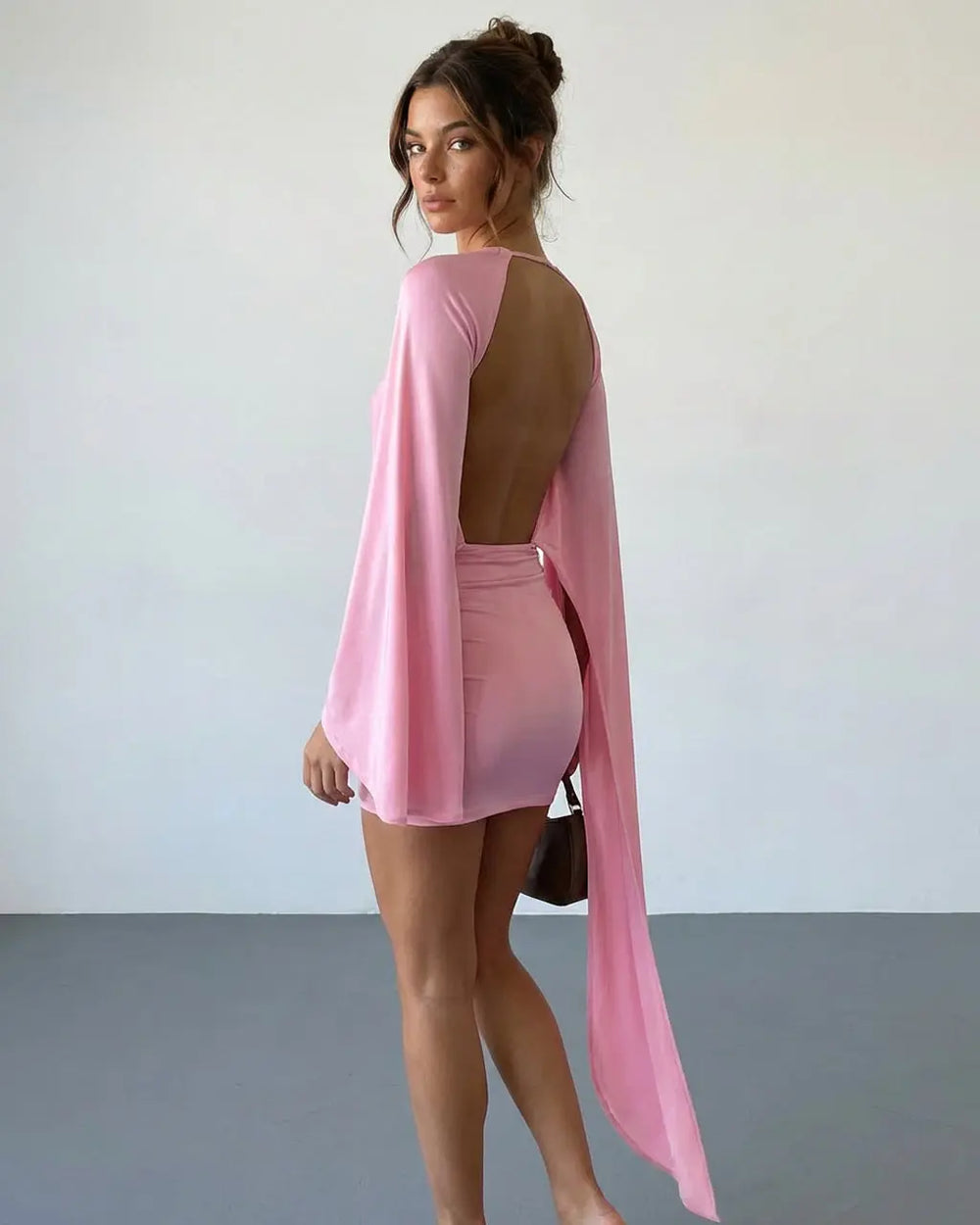 Pink Dramatic Cape Sleeve Ruched Jersey Mini Party Dress SOLACE