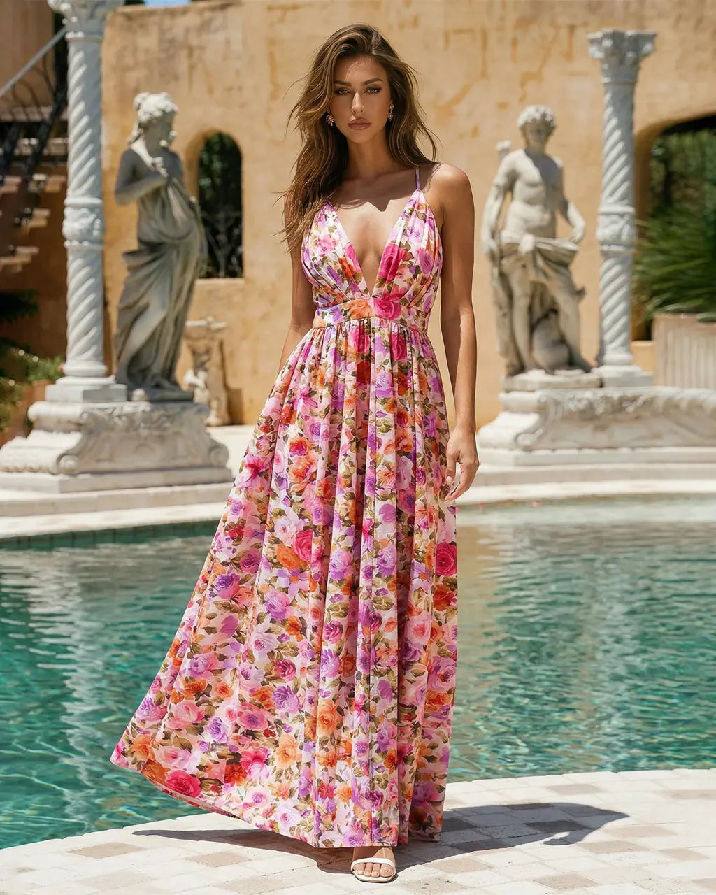 Pink Cut Out Floral Print Chiffon Slim Fit Maxi Dress SOLACE