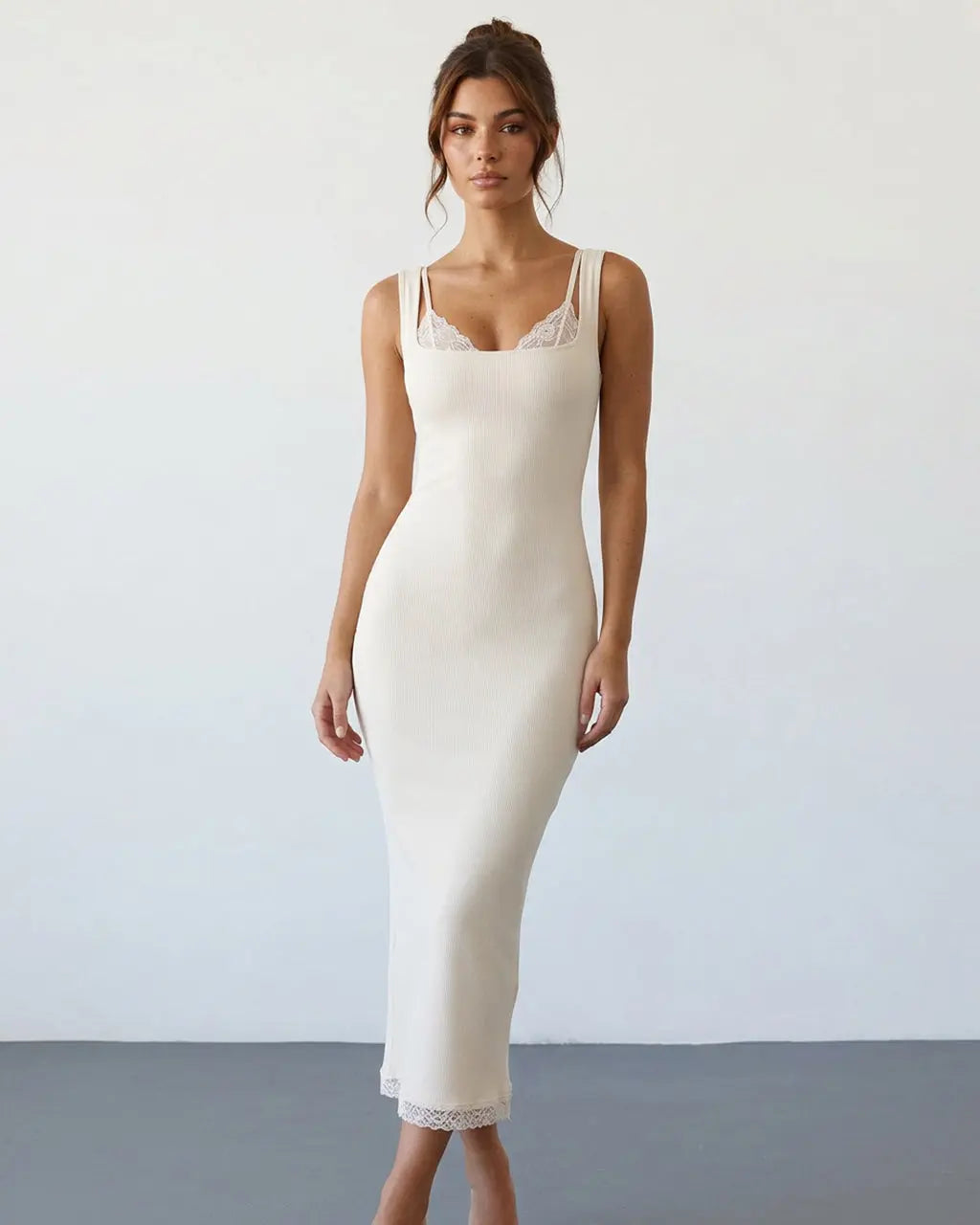 Cream White Lace Trim Ribbed Knit Slim Fit Bodycon Midi Dress SOLACE
