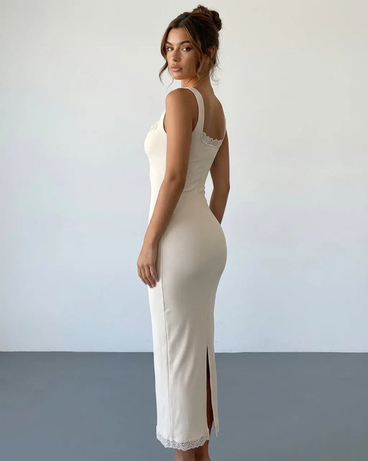 Cream White Lace Trim Ribbed Knit Slim Fit Bodycon Midi Dress SOLACE