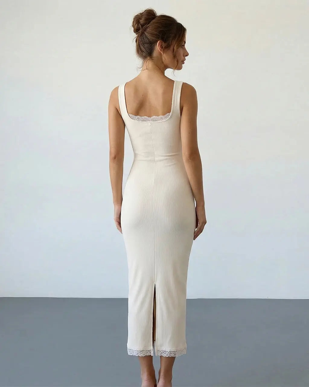 Cream White Lace Trim Ribbed Knit Slim Fit Bodycon Midi Dress SOLACE