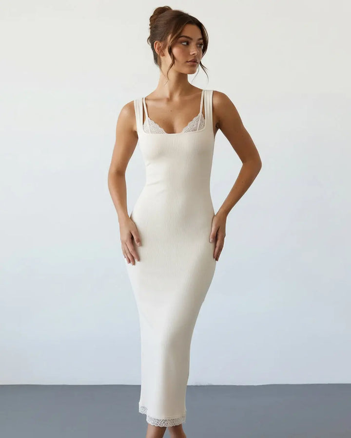 Cream White Lace Trim Ribbed Knit Slim Fit Bodycon Midi Dress SOLACE