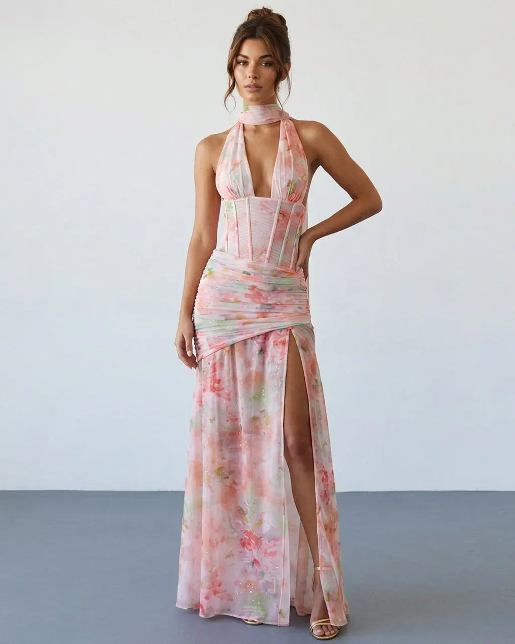 SOLACE  Pink Floral Corset Halter Detail Slim Fit Maxi Dress 