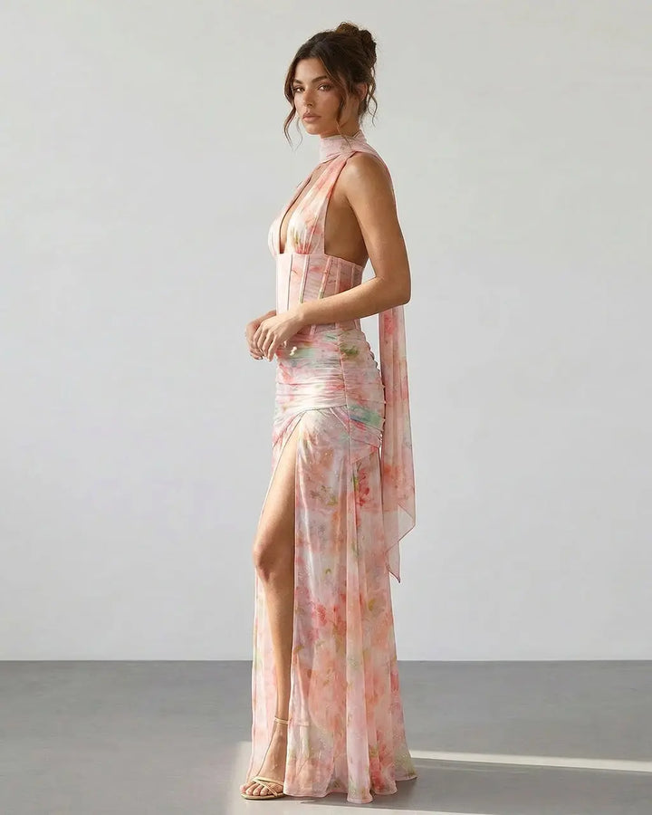 SOLACE  Pink Floral Corset Halter Detail Slim Fit Maxi Dress 