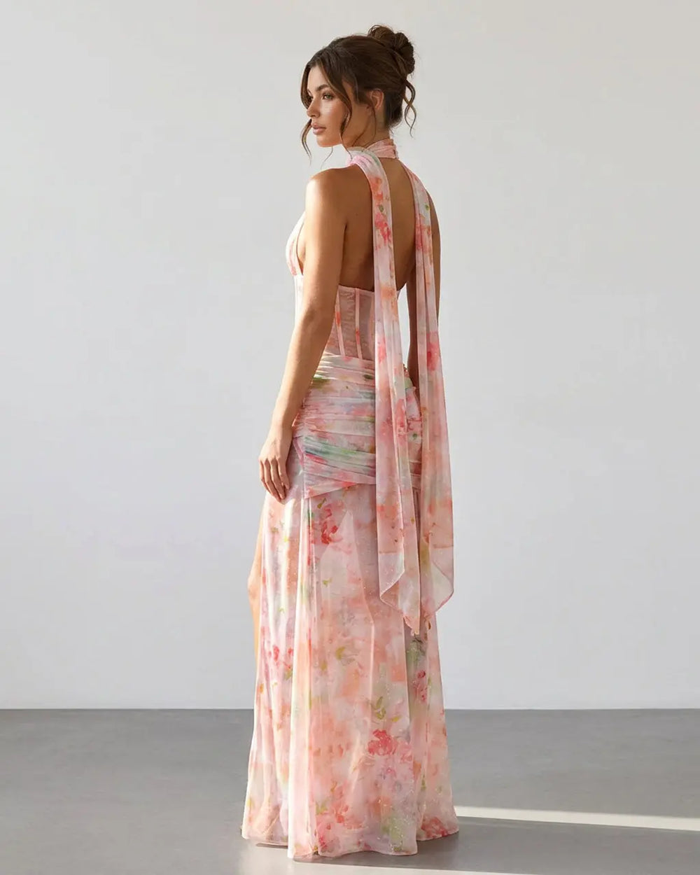 SOLACE  Pink Floral Corset Halter Detail Slim Fit Maxi Dress 