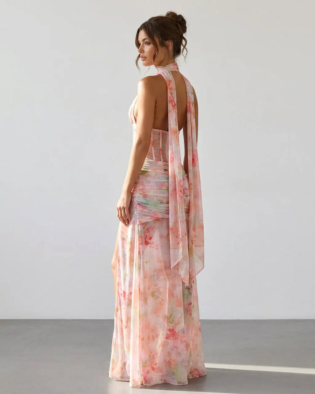 SOLACE  Pink Floral Corset Halter Detail Slim Fit Maxi Dress 