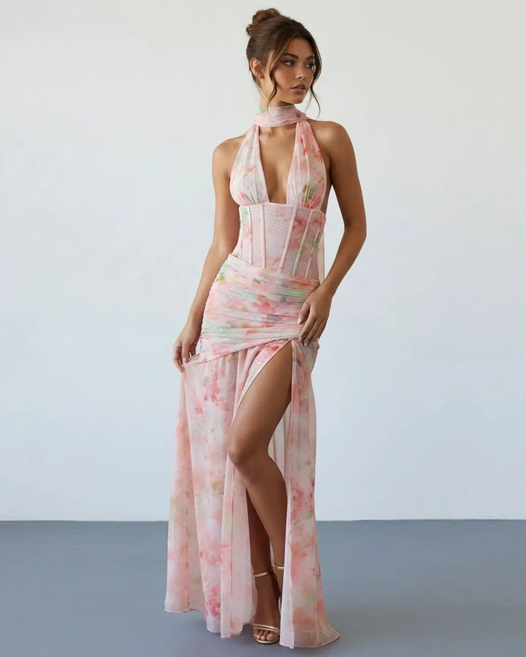 SOLACE  Pink Floral Corset Halter Detail Slim Fit Maxi Dress 