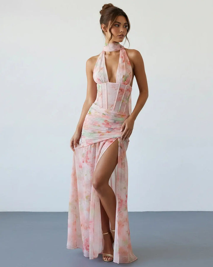 SOLACE  Pink Floral Corset Halter Detail Slim Fit Maxi Dress 
