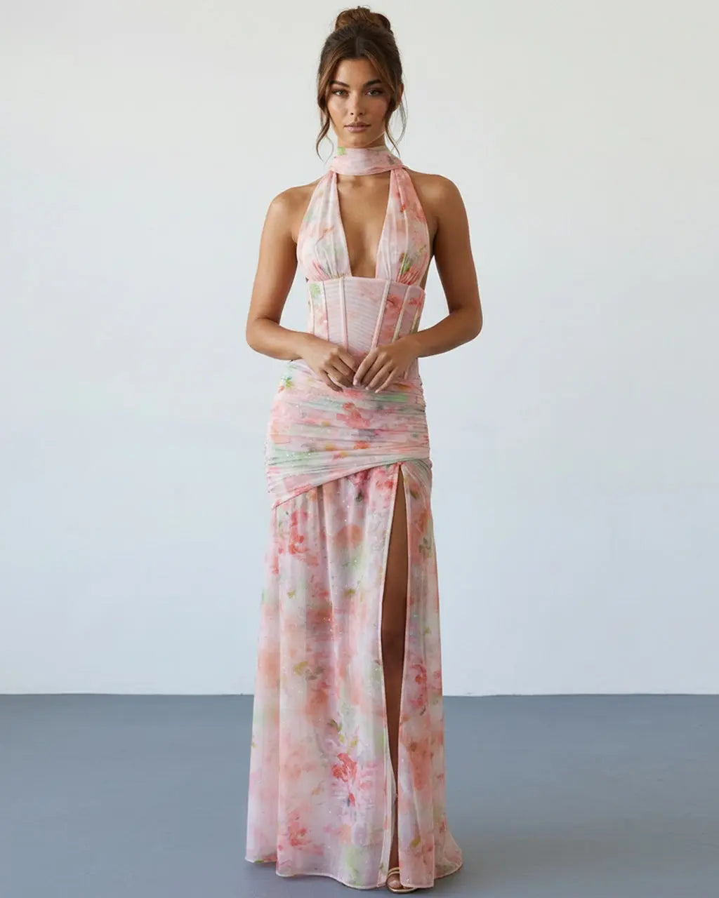 SOLACE  Pink Floral Corset Halter Detail Slim Fit Maxi Dress 