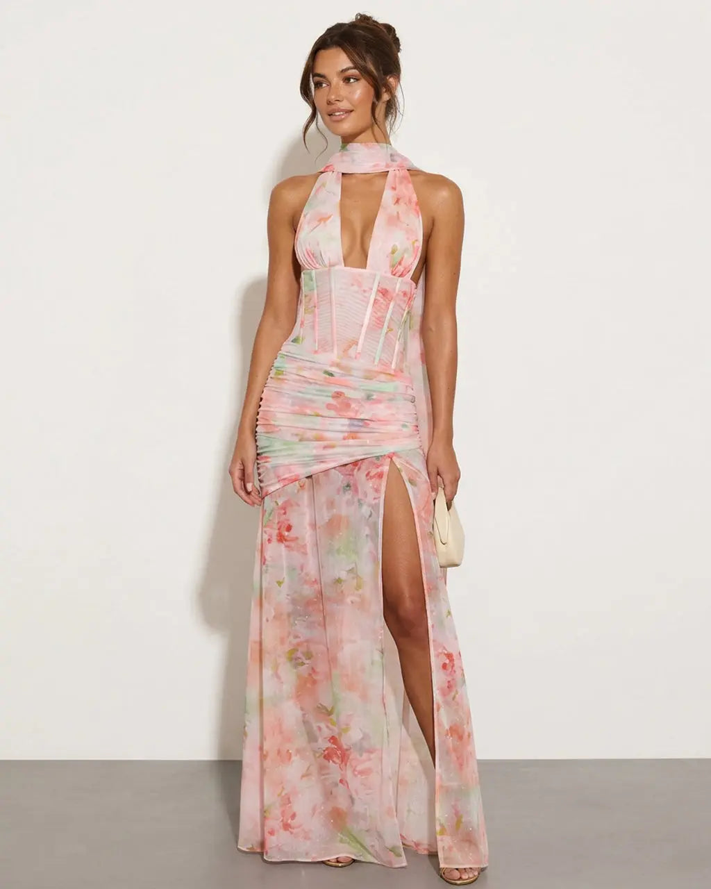 SOLACE  Pink Floral Corset Halter Detail Slim Fit Maxi Dress 