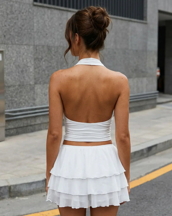 SOLACE  White Backless Ruffled Chiffon Slim Fit Sleeveless Top Mini Skirts Set 
